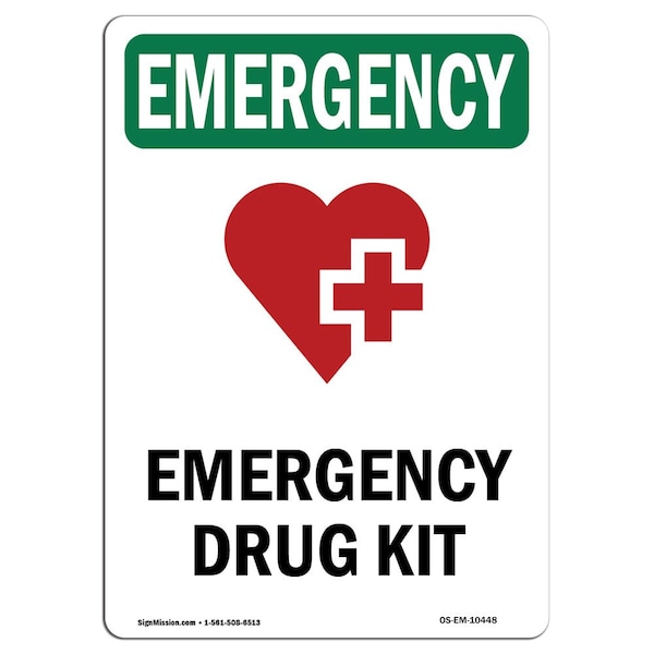 Safety Sign, OSHA EMERGENCY, 5" Height, Drug Kit, Portrait, 10PK